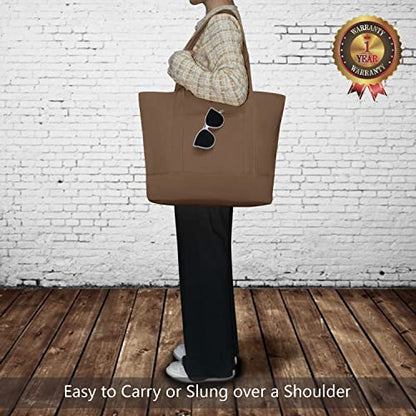 TOPDesign 1-Pack Canvas Tote Bag with an External Pocket, Reusable Grocery Shopping Bag, Top Zipper Closure, Daily Essentials (Brown) - color: Brown