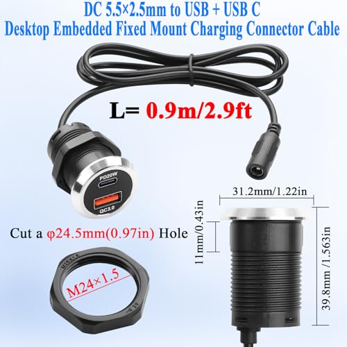 QIANRENON DC 5525 to USB A & USB C Desktop Flush Mount Charging Connector DC 5.5×2.5mm Female to Type A + Type C Female Threaded Fixed Mount Adapter Cable QC3.0 PD20W, for Desk Furniture, 0.9m/2.9ft