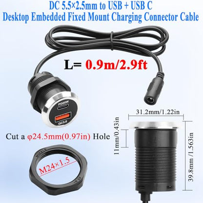 QIANRENON DC 5525 to USB A & USB C Desktop Flush Mount Charging Connector DC 5.5×2.5mm Female to Type A + Type C Female Threaded Fixed Mount Adapter Cable QC3.0 PD20W, for Desk Furniture, 0.9m/2.9ft