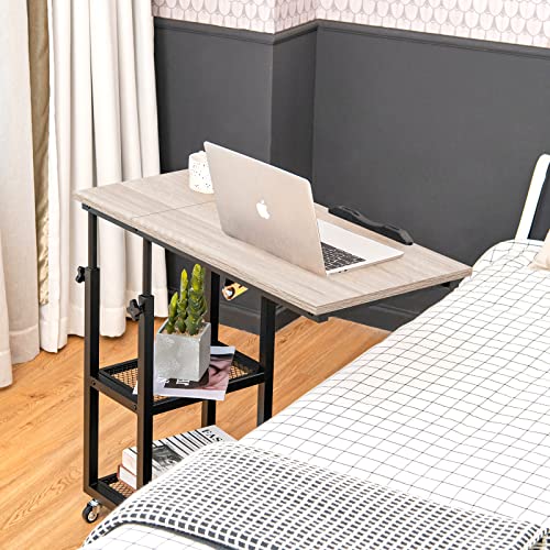 Tangkula Height Adjustable C Shaped End Table with Lockable Wheels, Mobile Couch Desk Table with Tiltable Table Top, Sofa Bedside Laptop Stand TV Tray with Storage Shelves, Snack Side Table - color: Natural