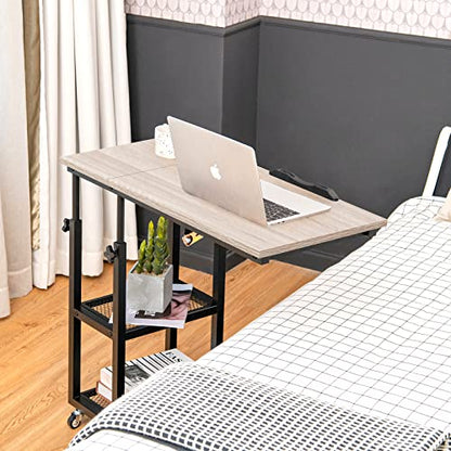 Tangkula Height Adjustable C Shaped End Table with Lockable Wheels, Mobile Couch Desk Table with Tiltable Table Top, Sofa Bedside Laptop Stand TV Tray with Storage Shelves, Snack Side Table - color: Natural