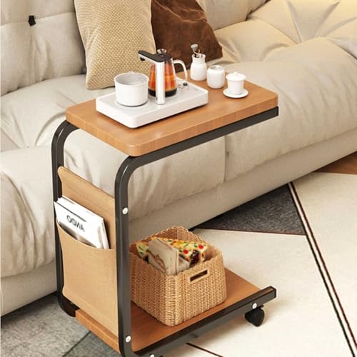 Over Bed Table with Wheels Movable Sofa Side Table with Storage Pockets Space-Saving C-Shaped Side Table with Solid Wood Tabletop for Living Room, Bedroom(White) - color: White