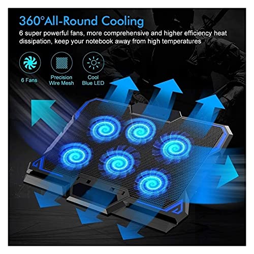Laptop Cooling Pad 6 Fans Up to 17.3 Inch Heavy Notebook Cooler Blue LED Lights 2 USB Ports Blue-6fans