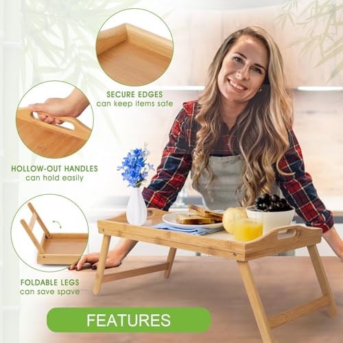 Bed Tray Table with Folding Legs,Serving Breakfast in Bed or Use As a TV Table, Laptop Computer Tray, Snack Tray - color: Beige-large