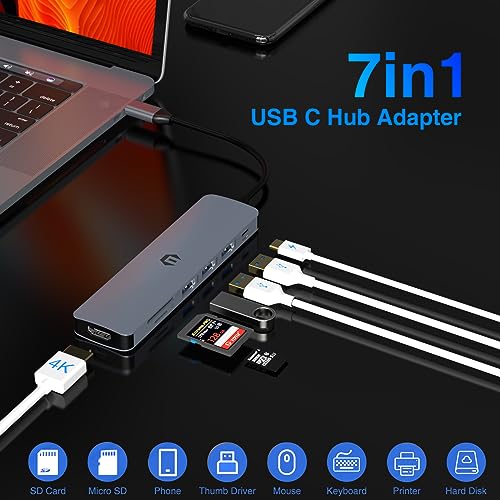 USB C Hub Multiport Adapter, 7 in 1 USB C Docking Station with 4K HDMI, 100W PD Charging Port, 3 USB 3.0, SD/TF Card Reader