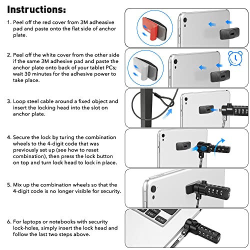AboveTEK iPad Lock Security Cable w/Adhesive Plates, 6Ft Keyless 4 Digit Combination Tablet Lock Kit, Anti-Theft Hardware Locking Cable for iPhone Cell Phone MacBook Laptop in Showroom Retail Store