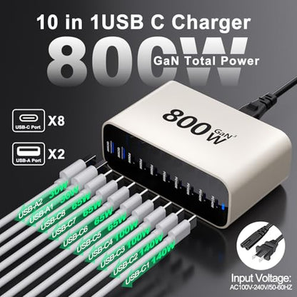 USB C Charging Station 800W, USB Fast Charger Block 10 Ports, Dual 140W PD PPS Charger Multiple Output, PD Power Adapter Compatible with MacBook Pro Dell/iPhone 16/Galaxy/Tablet/Mobile - size: 800W 10 Port