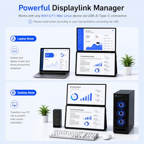 18.5'' Portable Dual Monitor, One Cable Laptop Screen Extender, FHD 1080P 100Hz Type-C USB-A HDMI, Folding Stacked Triple Monitor Built-in Stand Speakers for Laptop Desktop Windows Mac(Driver Need) - size: 18.5inch Dual Screen