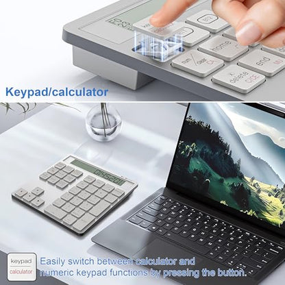 Rechargeable Wireless Number Pad for Laptop - 2-in-1 Dual Bluetooth & Wired Numeric Keypad with Calculator Display, 34 Keys Slim Portable Numpad for PC, MacBook, Tablet - Fast Data Entry & Accounting