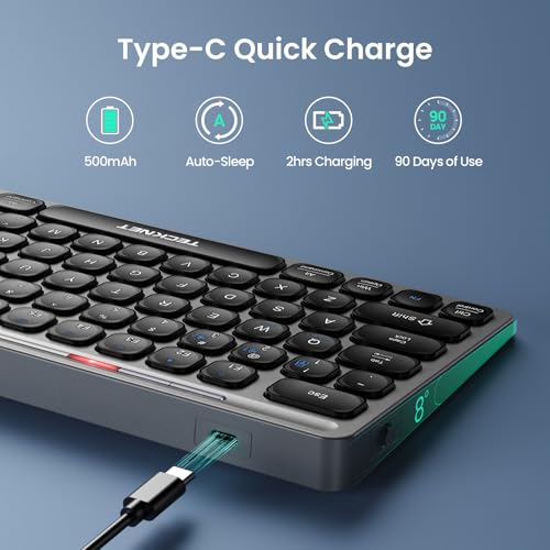 TECKNET Wireless Keyboard, Rechargeable Bluetooth Keyboard, 3-Device Free Switching (2.4G+BT), Quiet Typing, Lightweight & Portable, Compact Keyboard Compatible with Windows, macOS, Android, Gray