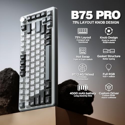YUNZII B75 PRO Wireless Mechanical Gaming Keyboard | Custom 75% Layout with Knob,Gasket Mount,Hot Swap,Creamy Pre-lubed Switch,BT/USB-C/2.4G(Cocoa Cream V2 Switch,Grey) - color: Grey, size: Cocoa Cream V2 Switch