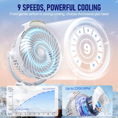 8-Inch Rechargeable Clip on Fan, 10000mAh Portable Camping Fan with LED Light, 9-Speed Ultra Quiet Airflow, 30H Runtime, 360° Rotating Desk Fan for Golf Cart, Bedroom, Office, Dorm, White - color: White