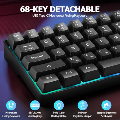 Guiheng Wired Portable 60% Mechanical Gaming Keyboard,RGB LED Backlit Compact 68 Keys Mini Wired Office Keyboard with Red Switch for Windows Laptop PC Mac - Black - color: black