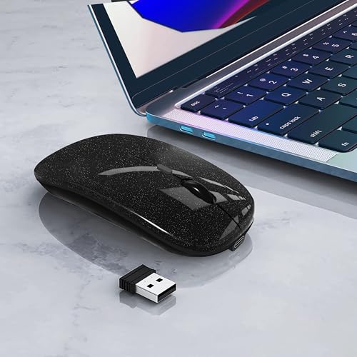 WREANU Wireless Bluetooth Mouse, Rechargeable Laptop Mice, Bright Black | Silent Slim Dual Mode(BT 5.2 & 2.4G Portable USB Receiver) Computer Mouse for Laptop/iPad/Tablet/Apple/Computer/Mac - color: Bright Black