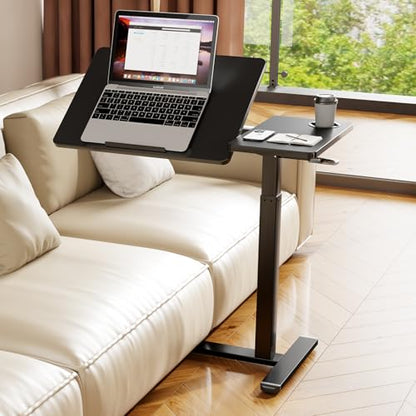 Overbed Table with Wheels, Pneumatic Lift, Foldable Top (Black) | 0-70° Tilt Desktop Bedside Table, Hidden Casters,1.18 In Low-Profile Base Slides Under Beds and Sofas, Holds 88 Lbs - color: Black