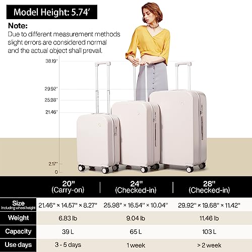 mixi Luggage Suitcase with Spinner Wheels, Hardside Rolling Suitcase PC with Cover & TSA Lock Lightweight Travel Case 24in Checked in, Off White（Slight Pink） - color: Off White(Slight Pink), size: 24in Checked in