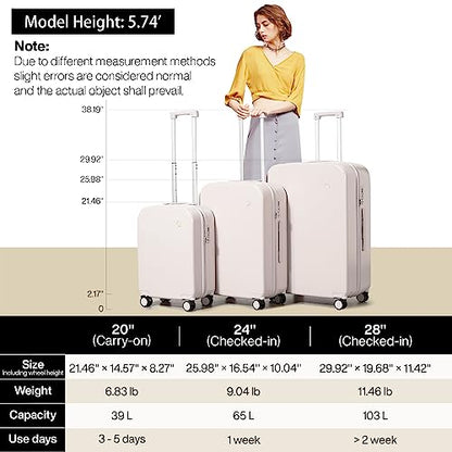 mixi Luggage Suitcase with Spinner Wheels, Hardside Rolling Suitcase PC with Cover & TSA Lock Lightweight Travel Case 24in Checked in, Off White（Slight Pink） - color: Off White(Slight Pink), size: 24in Checked in