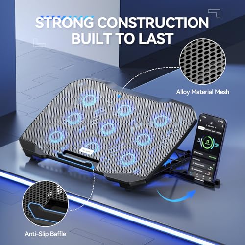 TECKNET Laptop Cooling Pad with Phone Stand, Laptop Cooler for 12-17.3 Inch | Stepless Speed Control to 2600 RPM, 360° All-Around Cooling, Whisper-Quiet Design, 5-Level Heights, Dual USB Ports