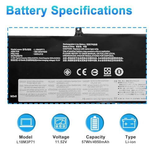 L18M3P71 L18L3P71 L18S3P71 Laptop Battery Replacement for Lenovo ThinkPad T590 P53S T15 P15s 1st Gen Series SB10K97650 02DL012 SB10K97649 02DL011 5B10W13913 5B10W13914 11.52V 57Wh - size: 10.23*3.34*0.39inch L18M3P71