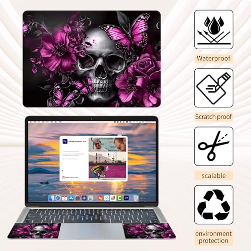 15.6 Inch Laptop Skin Sticker, Reusable Vinyl Cover Protector with 2 Wrist Pad Skins, Removable Waterproof Scratch-Resistant for 12-15.6 Inch Laptop Notebook,Skull Flowers Purple Butterflies - color: Skull Flowers Purple Butterflies