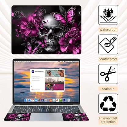 15.6 Inch Laptop Skin Sticker, Reusable Vinyl Cover Protector with 2 Wrist Pad Skins, Removable Waterproof Scratch-Resistant for 12-15.6 Inch Laptop Notebook,Skull Flowers Purple Butterflies - color: Skull Flowers Purple Butterflies