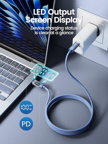 toocki USB C to USB C Cable with LED Display 100W 3.3ft, 2Pack | Fast Charging, Nylon Braided, Blue, Compatible with iPhone 17/16, MacBook Pro, Galaxy S25 - color: Blue, size: 3.3+3.3ft