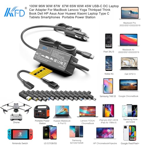 KFD Universal Laptop Car Charger PD 100W 90W 87W 67W 65W 61W 45W USB C DC Adapter for MacBook Surface Lenovo Dell HP Gateway Asus Acer Samsung Sony Monitor LG TV Soundbar Speaker Power Station Cord