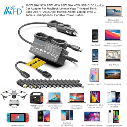 KFD Universal Laptop Car Charger PD 100W 90W 87W 67W 65W 61W 45W USB C DC Adapter for MacBook Surface Lenovo Dell HP Gateway Asus Acer Samsung Sony Monitor LG TV Soundbar Speaker Power Station Cord