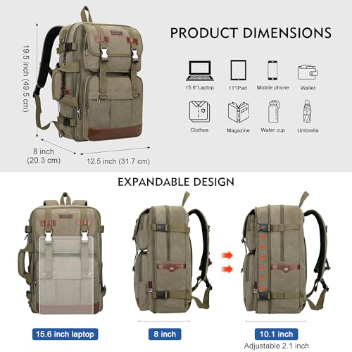 WITZMAN Canvas Travel Backpack for Men Large Laptop Backpack Fits 16 Inch | Expandable 32L to 42L, Carry-on Airline Approved Convertible Shoulder Rucksack, For Vacation, Overnight Trip, A6617 Green - color: Army Green