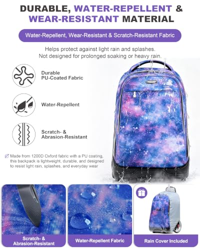 NEW TILAMI 19 Inch Rolling Backpack with Lunch Bag School Stair-Climbing | Stair-Climbing Teen Boys Girls Carry-on Suitcase Large Compartment 15.6 Laptop Sleeve Adjustable Handle Roller Travel Bag - color: Purple Star