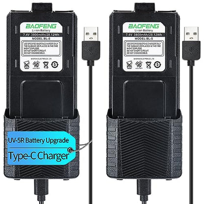 BAOFENG UV-5R Battery 3800mAh USB-C Charging Extended High Capacity Ham Radio Battery UV5R BF-F8HP UV-5R Series Radios with Type-C Charging Cable,2Pack