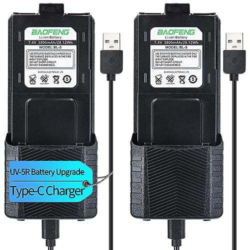 BAOFENG UV-5R Battery 3800mAh USB-C Charging Extended High Capacity Ham Radio Battery UV5R BF-F8HP UV-5R Series Radios with Type-C Charging Cable,2Pack