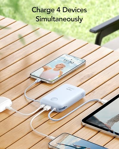 VIYISI Portable Charger 20000mAh 30W Fast Charging, Sky Blue Cute Power Bank with Built-in USB C & Lighting Cables, Compact Aesthetic Battery Pack Compatible with iPhone 17 16 15 Pro Max iPad, iPod - color: Blue