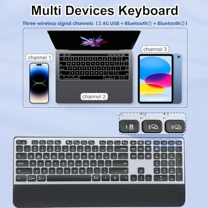 CITLLA Wireless Keyboard, Rechargeable Full Size Multi-Device Bluetooth Keyboard with Wrist Rest, 3-Level Backlit, for Computer, Laptop, Tablet, Smartphone, Office,（US Layout）