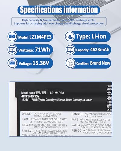 71Wh L21M4PE3 L21B4PE2 Battery Replacement for Lenovo IdeaPad Yoga 7 16IAP7 14IAL7 14ARB7 82QG 82QF Series Notebook L21L4PE0 SB11F38368 5B11F38372-15.36V 4623mAh - size: 11.69*3.85*0.19 IN L21M4PE3