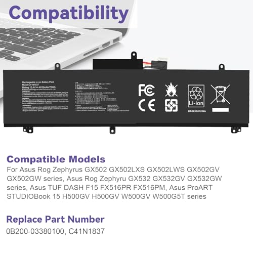 C41N1837 Laptop Battery for ASUS ROG Zephyrus G15 GA501I GA502 GA502D GA502DU GA502GU GA502IV GU502 GU502DU GX502GW GX532GV GU532GW GU502LU GU502LW GU502LV GX502LXS GX502GV GX502GW 0B200-03380100 - size: 11.3*3.81*0.5inch