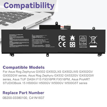 C41N1837 Laptop Battery for ASUS ROG Zephyrus G15 GA501I GA502 GA502D GA502DU GA502GU GA502IV GU502 GU502DU GX502GW GX532GV GU532GW GU502LU GU502LW GU502LV GX502LXS GX502GV GX502GW 0B200-03380100 - size: 11.3*3.81*0.5inch