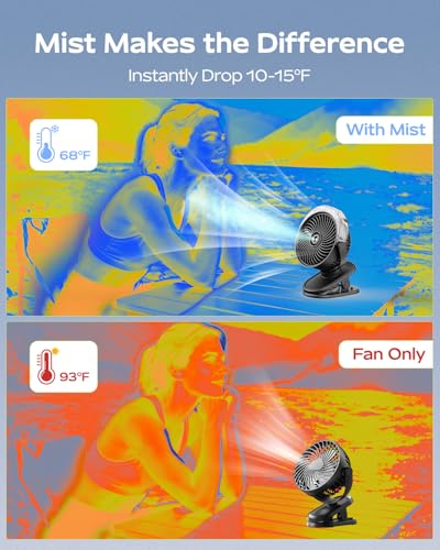 SWEETFULL Portable Misting Clip On Fan, USB-C Rechargeable Mini Personal Cooling Fan with 4 Speeds, 360° Rotatable, Quiet Cooling for Outdoor, Camping, Golf Cart, Travel, Stroller & Desk (Black) - color: Black
