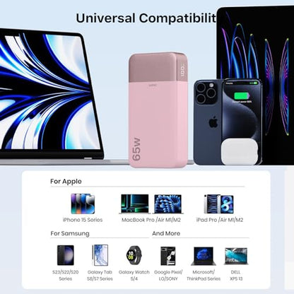 JUOVI Portable Charger 65W Power Bank 20000mAh Compact USB C Laptop Power Bank Fast Charging Battery Pack for Laptop MacBook Dell XPS iPad Tablet Steam Deck iPhone 17/16/15/14 Series Samsung and More - color: Pink