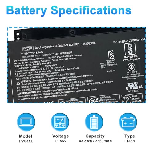PV03XL PP03XL L83388-AC1 Laptop Battery for HP Pavilion x360 14M-DW 14-DV 14-DW 13-BB 14-DK 15-EH 14m-dw0xxx dw0023dx dw1023dx dw1013dx dw0013dx dw1033dx 14-dv0xxx dw0xxx Series PV03043XL L83388-421 - size: 7.40*3.74*0.25inch PV03XL