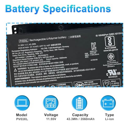 PV03XL PP03XL L83388-AC1 Laptop Battery for HP Pavilion x360 14M-DW 14-DV 14-DW 13-BB 14-DK 15-EH 14m-dw0xxx dw0023dx dw1023dx dw1013dx dw0013dx dw1033dx 14-dv0xxx dw0xxx Series PV03043XL L83388-421 - size: 7.40*3.74*0.25inch PV03XL