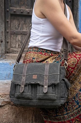 Easton Crossbody Messenger Bag | Denim Canvas Laptop Bag with Leather Accents | Multi Pocket Shoulder Bag - color: Charcoal