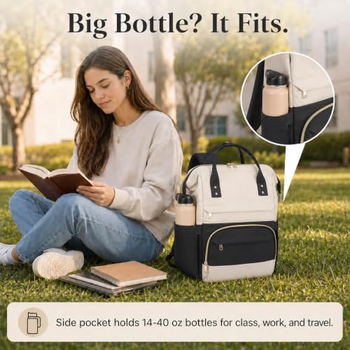 Laptop Backpack for Women, 15.6 Inch Work Backpack Purse with Large Capacity, Water-Resistant Nurse Bag, College Bookbag for School, Casual Travel Daypack, Black and Beige - color: Black and Beige