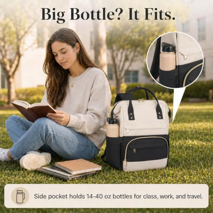 Laptop Backpack for Women, 15.6 Inch Work Backpack Purse with Large Capacity, Water-Resistant Nurse Bag, College Bookbag for School, Casual Travel Daypack, Black and Beige - color: Black and Beige
