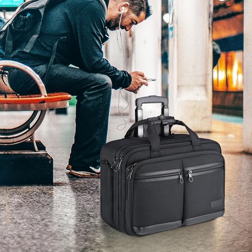 KROSER 17.3 Inch Rolling Laptop Computer Bag,Wheeled Briefcase,Roller Case | Multi-compartments, silent wheels,fits airline overhead bins,with luggage strap for business travel