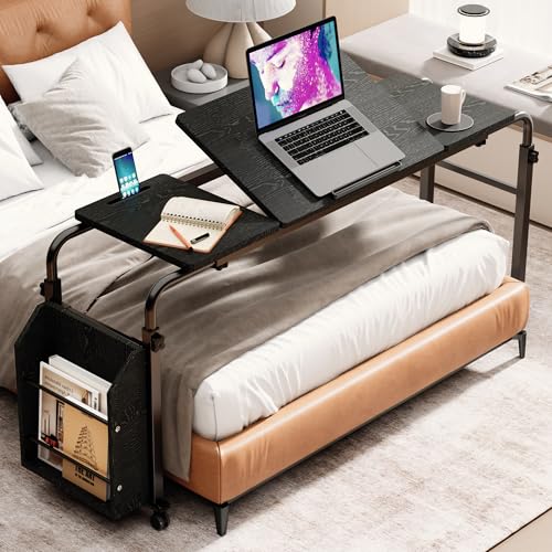 Laptop Desk for Bed,6-Angle Adjustable Overbed Table with Wheels,Adjustable Height and Length Bed Table for Laptop with Side Bookshelf,Standing Desk,Over Bed Desk for Working Hospital Home (Black) - color: Black