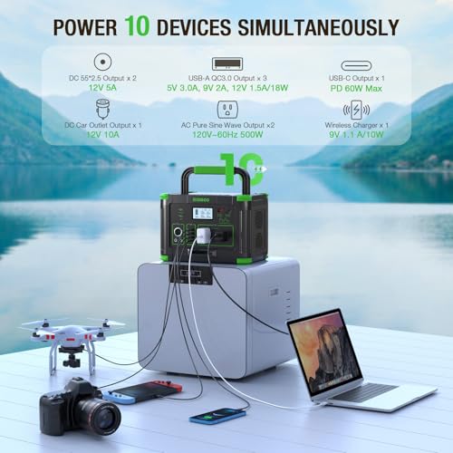Portable Power Station 500W, 519.48Wh Solar Generator, 120V Pure Sine Wave | 60W USB-C PD, 10 Ports for Home Use,Outdoor Camping RV Van,Off-Grid Living,Dark Green - color: Dark Green