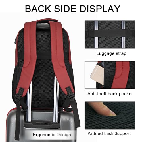 Goloni 15.6 Travel Laptop Backpack with USB Charging Port, Men Man Women Back Pack,Work,Casual College,High Schol Book Bag for Teens Lightweight Waterproof Casual Notebook Bag,Red - color: Red