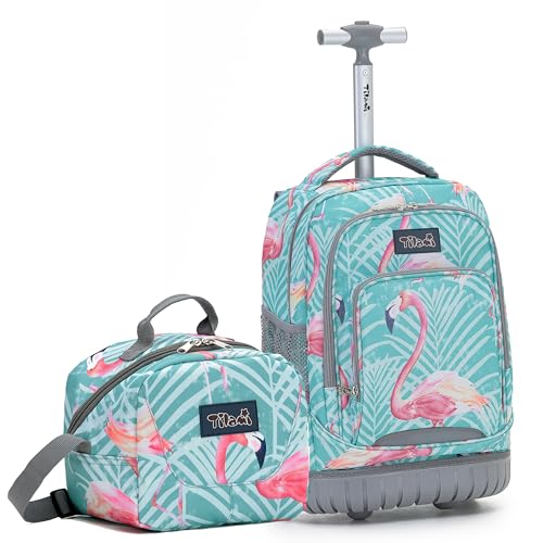 NEW TILAMI Rolling Backpack for Kids 18 Inch Wheeled Laptop Backpack Kids School Travel - color: Flamingo