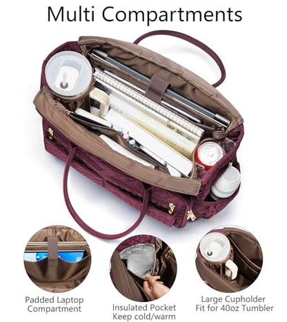 Bagstellar Teacher Tote Bag for Women, 15.6" Laptop Work Tote Computer Bag | Quilted Bible Nurse Bag with 40oz Cup Holder, Insulated Pocket & Strap, Large Laptop Briefcase for School Travel Office Gifts - color: Burgundy